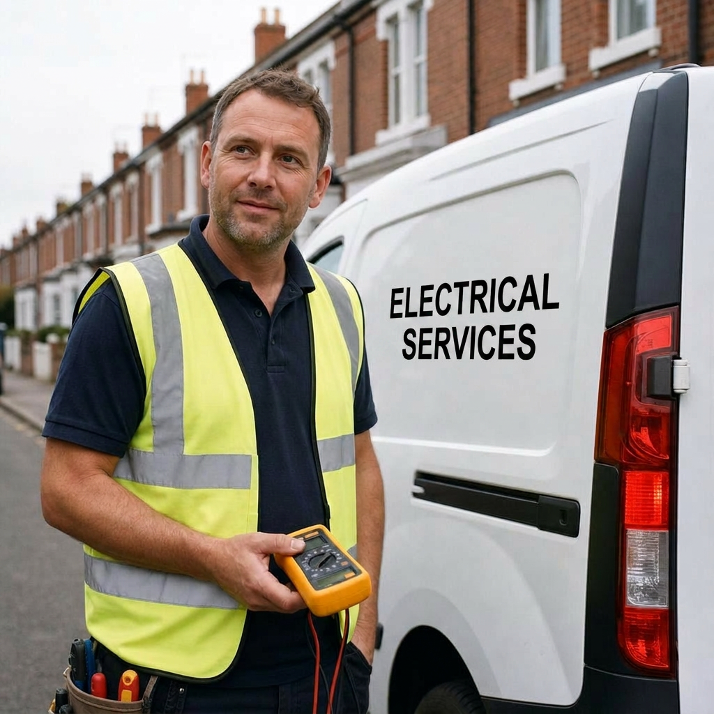 Electrician on the phone next to his service van